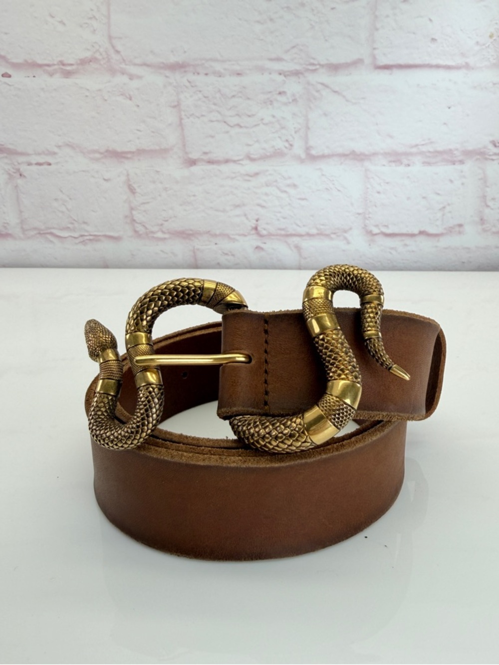 Gucci Rare Brown Leather Belt with Gold Snake Buckle 453935 105/42
